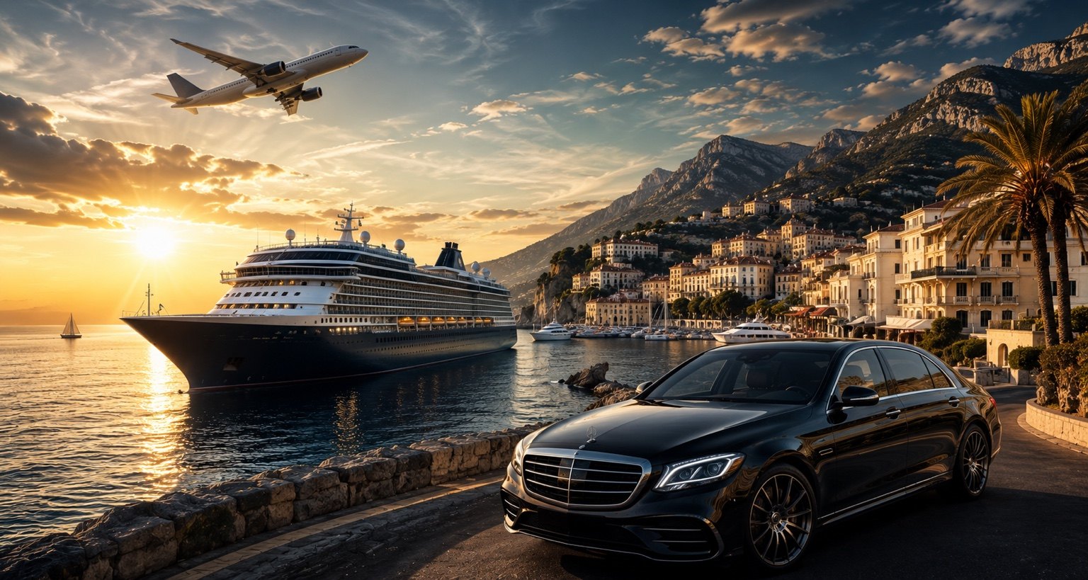 Coche premium junto al mar con crucero y avión en un destino europeo
